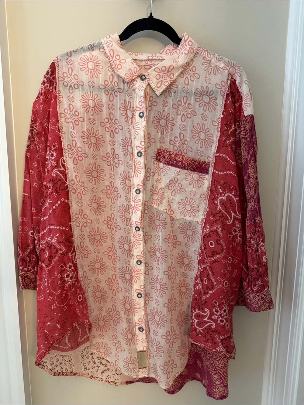 We The Free Red and Cream Patchwork Button-Up Shirt